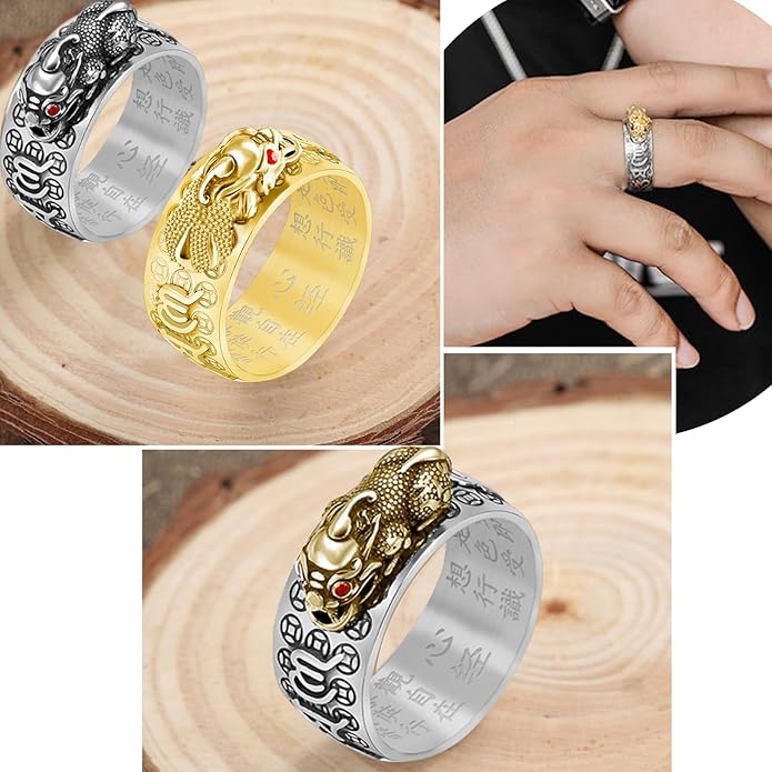 HJ HUAJ Feng Shui PiXiu Mantra Ring - Lucky Wealth Jewelry