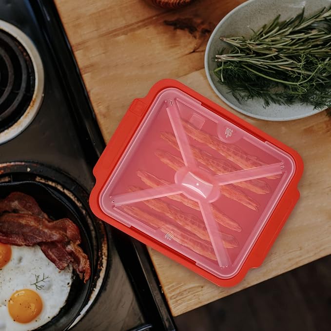 MMUGOOLER Microwave Easy Bacon Maker/Cooker with Lid, Safety, Quick and with No Mess, 11.3" L x 9.0" W x 2.4" H- Red