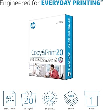 HP Printer Paper 8.5 x 11 Paper Copy Print 20 lb 1 Ream Case - 500 Sheets 92 Bright Made in USA - FSC Certified 200060