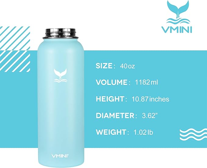 Vmini Water Bottle with Straw, Wide Rotating Handle Straw Lid, Wide Mouth Vacuum Insulated Stainless Steel Water Bottle, Nattier Blue, 40 oz