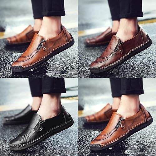 Qiucdzi Men's Casual Penny Loafers Breathable Lace-up Driving Boat Shoes Handmade Flats Dress Shoes