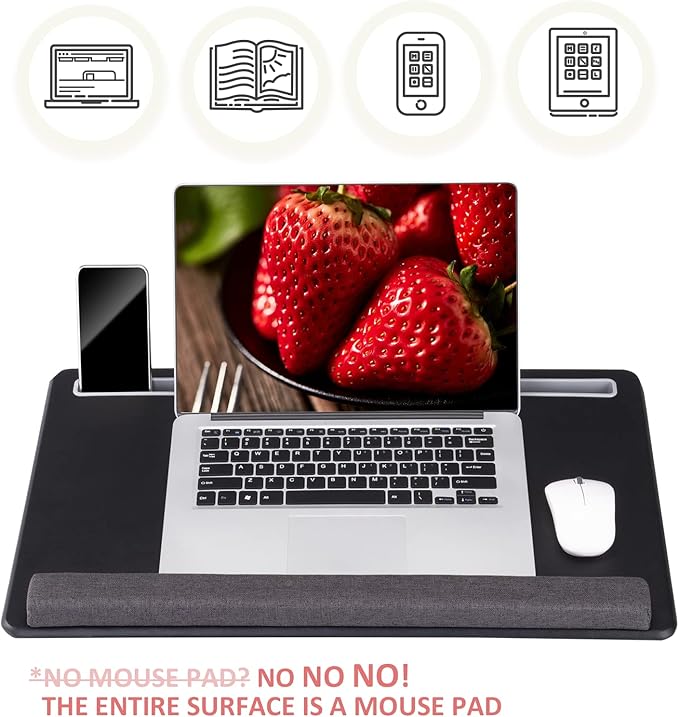 Extra Large Lap Laptop Desk - Full PU Material Mouse Pad Gaming Tray - Portable LapDesk with Phone Holder Wrist Rest for Notebook, MacBook, Tablet, Bed, Sofa(Black, Fit Up 17.3-in Laptops)