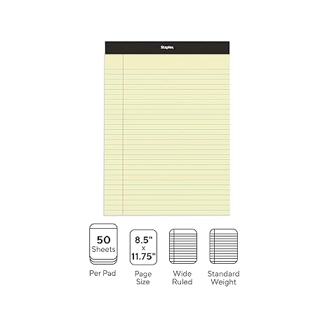 Staples Notepads, 8.5 x 11.75 Inch, Wide Ruled Legal Pads, Writing Pad for Home, Office, School, 12-Pack, Yellow Paper