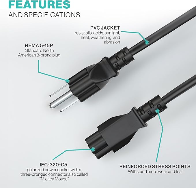3 Prong AC Laptop Power Cord 5Ft Universal Power Cable 125V for Dell HP LG Lenovo Asus Acer Toshiba Sony LaptopsNotebooks, Monitors, Printers, Scanners NEMA 5-15P to C5 Power Cable