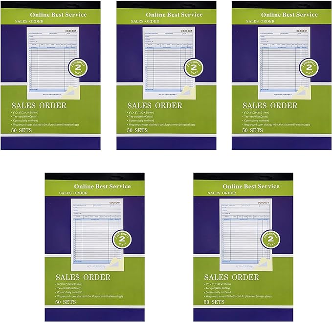 5 Pack Large Sales Order Book Receipt Invoice Duplicate Carbonless 50 Sets 5.916" X 8.716"