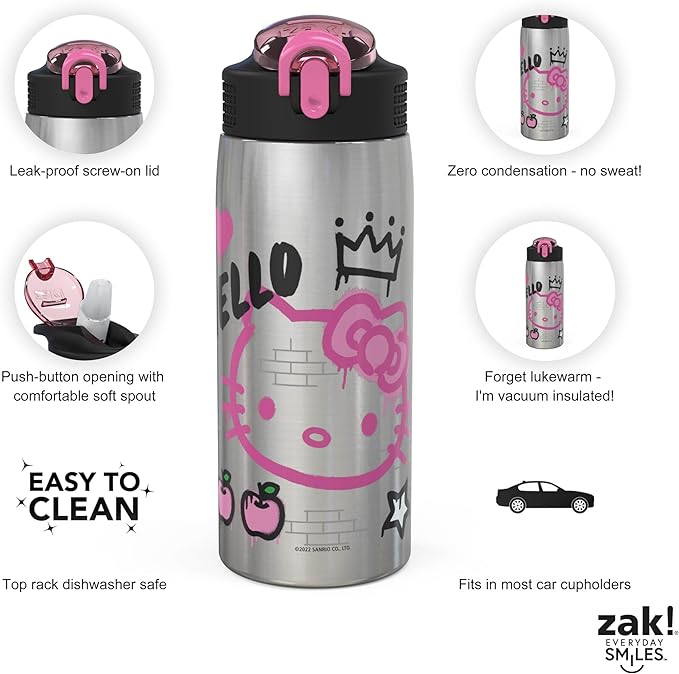 Zak Designs Sanrio Water Bottle for Travel and At Home, 19 oz Vacuum Insulated Stainless Steel with Locking Spout Cover, Built-In Carrying Loop, Leak-Proof Design (Hello Kitty)