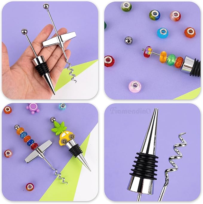 Framendino, 17 Pack Beadable Travel Corkscrew Bottle Opener with Wine Stoppers Set Beaded Stopper Cork Remover for Kitchen Bar Restaurant