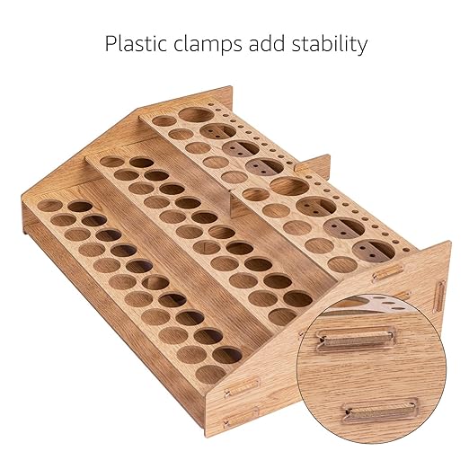 Basics Craft Paint Brush Organizer Rack, Holds up to 60 Bottles (52 1-inch and 8 1.47-inch) and 22 brushes - 14 x 8 Inches, Wood Finish, Light brown, 14.1 x 9.6 x 4.3