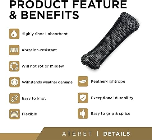 ATERET 14 inch by 80 Feet Black Diamond Braid Polypropylene Rope I Multipurpose Clothelines Rope, UV Resistant Excellent Shock Absorption I Ideal Use for Camping Marine (1-Pack)