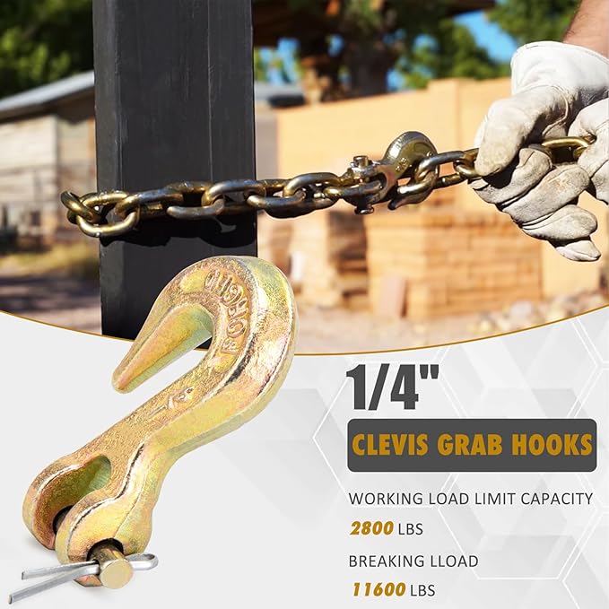 14 Chain Hook, Heavy Duty 14 Chain Hooks, 3600Lbs Working Load G70 Clevis Grab Hook 14 Inch for Trailer Truck Tow Chain Transport -Yellow Chromate Finish (4 Pack)