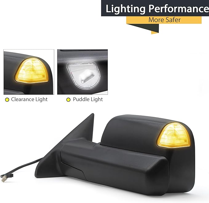 TOEMIRR Towing Mirrors fit for 2009-2018 Dodge Ram 1500 2010-2018 Ram 2500 3500 Passenger Side Mirror Heated Power Temperature Sensor Turn Signal Light Puddle Light Manual Flipping Black RH Tow Mirror