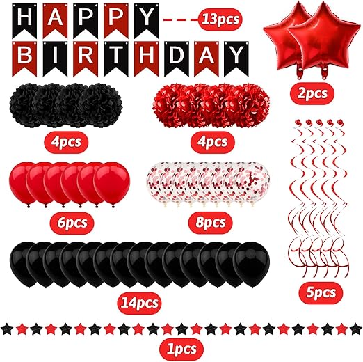 Black and Red Birthday Decorations, Happy Birthday Decorations with Banner for Boys Girls Men Women Birthday Party Decorations Supplies
