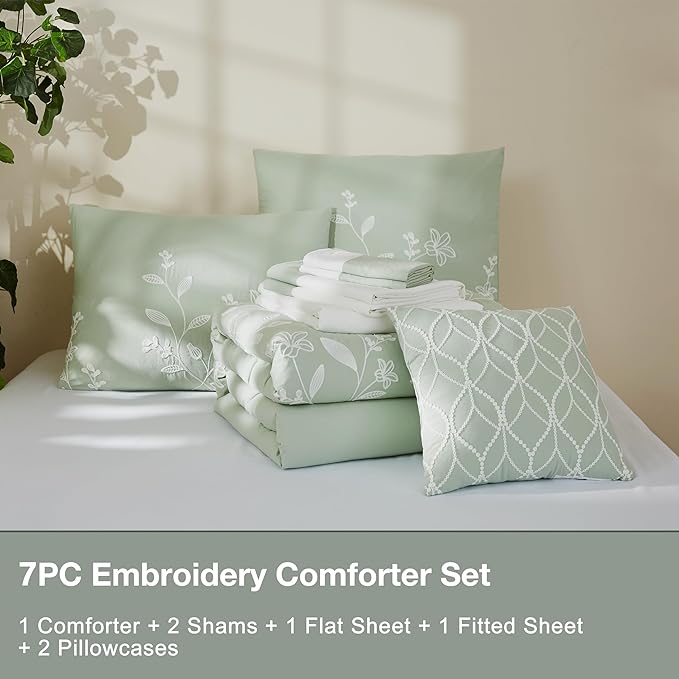 MaiRTMve Queen Size Comforter Sets, Embroidery Queen Bedding Sets 7 Pieces, Sage Green Comforter Set Queen Size, All Season Bed in A Bag Queen with Sheets, Comforter,Pillowcase Shams