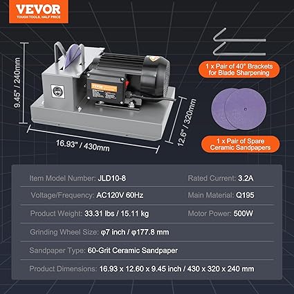 VEVOR Lawnmower Blade Grinder, 23 HP 1700 RPM Motor with 7'' Diameter Standard Reverse Wheel, 30 40 Grinding Degree Steel Mower Sharper for Blades Tool Grinding in Garden or Workshop