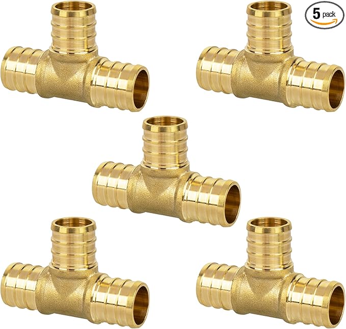 12" PEX Tee, PEX Fitting for Plumbing Repairs, Sturdy and Durable Brass Crimp Fitting (5 Pack)