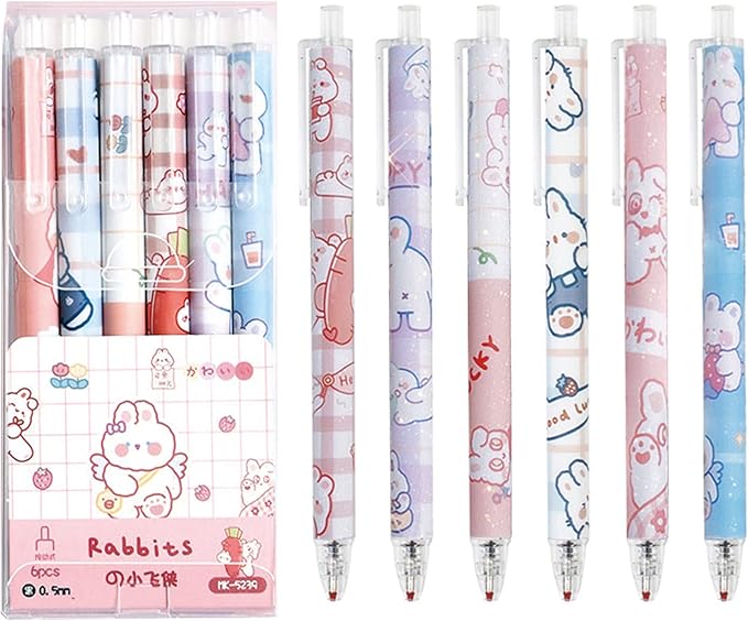 6 Pcs Gel Ink Pens Cartoon Retractable Pens Cute Animal Pen 0.5mm Ballpoint Pen Office School Supplies for Girls (Rabbit)