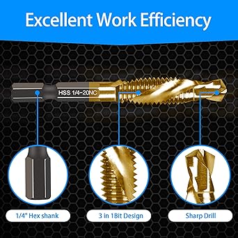 6-pc 12-24NC Combination Drill Tap Bit Set SAE, 12-24NC Thread Size, Titanium Coated High-Speed Steel, Ideal for Drilling Threading and Countersinking in Soft Metal Wood and Plastic, 14 Hex Shank