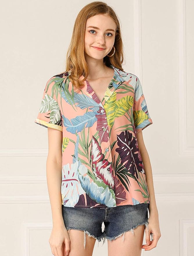 Allegra K Women's Hawaiian Shirt Floral Leaves Printed Short Sleeve Top Tropical Button Down Shirt Summer Fashion 2024