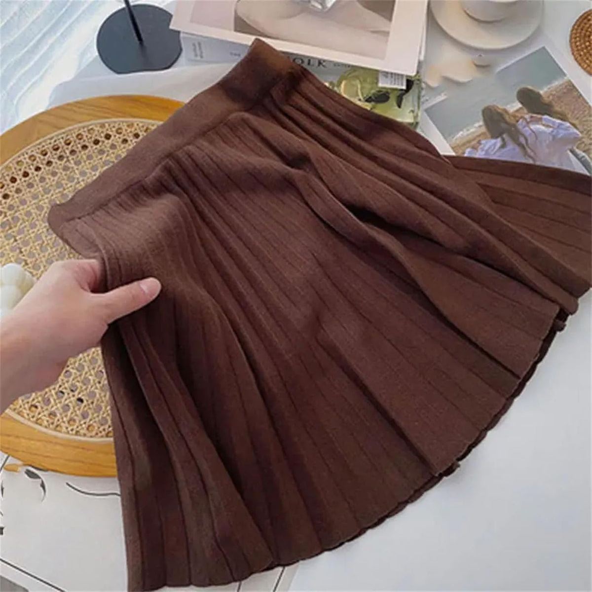 Womens Pleated Knit Skirt High Waist A Line Sweater Skirts Winter Solid Elastic Knitting Ribbed Mini Dress