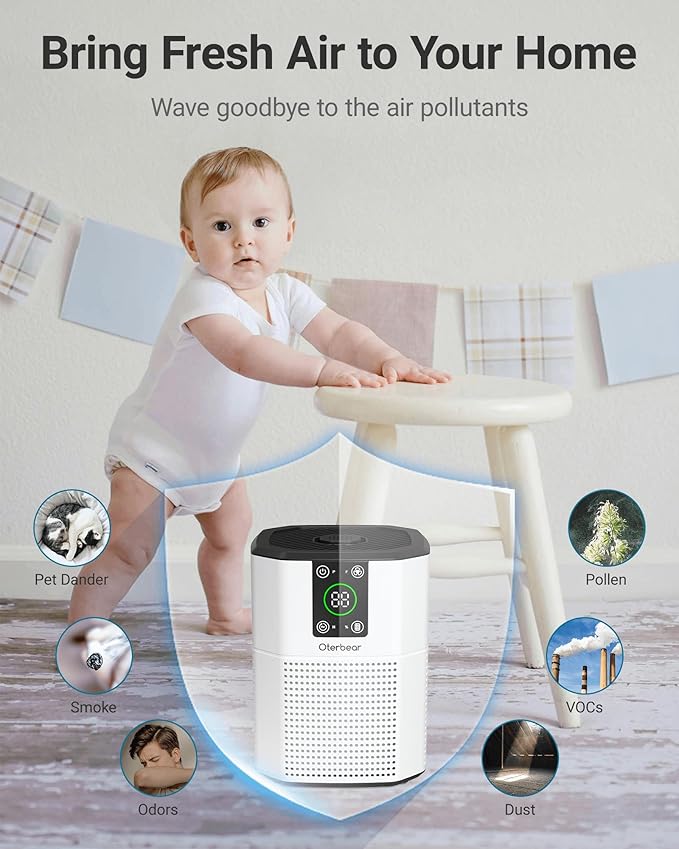 Air Purifiers for Home Bedroom Pets, Oterbear Small Air Purifier with Sleep Mode, Aroma Function, Ambient Light, H13 True HEPA Air Filter Cleaner, Remove Dander Smoke Pollen Odor, White