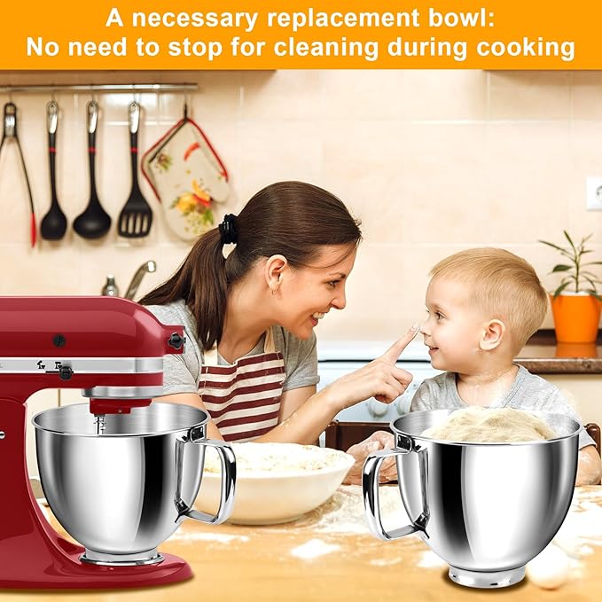 5 Quart Mixing Bowl for KitchenAid Stand Mixers, Food-Grade Stainless Steel Bowl with Handle & Clasp, Compatible with Tilt-Head 4.55 Qt Models Fits K45, K45SS, KSM75, KSM150, KSM95
