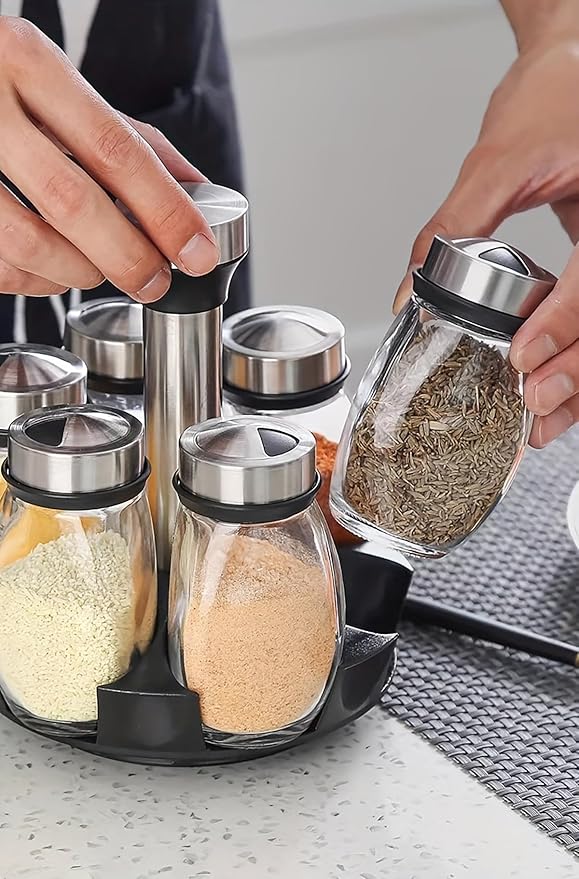 360 Rotating Spice Rack, 6PC Spinning Glass Spice Jars Suitable for kitchen countertops, spice storage, cooking, outdoor BBQ,(Spices Not Included)