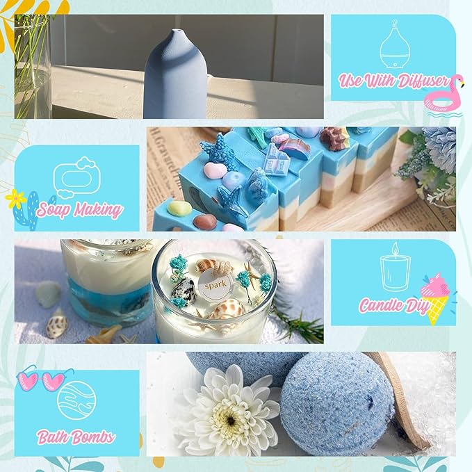 Summer Essential Oil Set of 6 Premium Fragrance Oils - Includes Watermelon, Coconut, Ocean Breeze, Plumeria, Vanilla Ice Cream & Pina Colada Diffuser Oils, Candle Making Scents