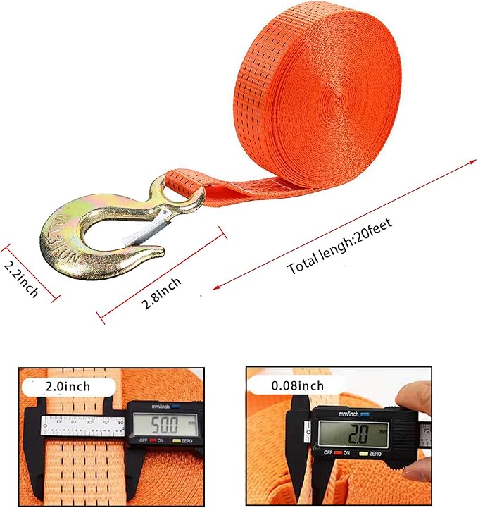 Winch Straps, Heavy Duty Towing Straps with Hook and Loop for Boat, Trainler, Wave Runner, Fishing Jet Ski, Trucks,Towing Replacement Recovery Securing Rope Marine - 2" x 20', Break Strength 10000lbs