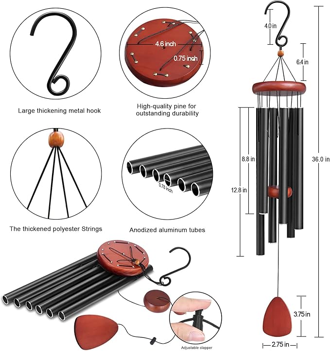 Large Aluminium Wind Chimes Outside, Soothing Melodic Wind Chime, Suitable Outdoor Garden Patio Decor, Gift for Mom Women Neighbors (36 Inches Black)