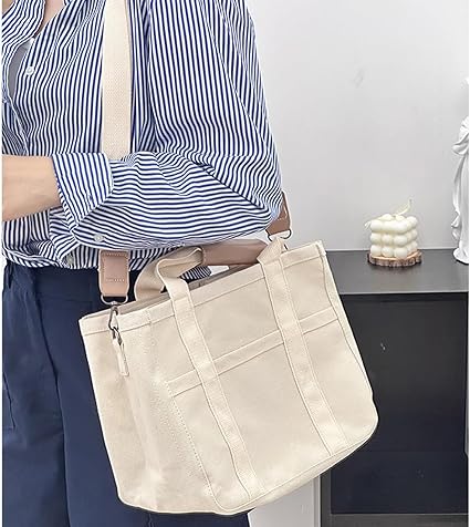 Women Multi-Pocket Canvas Tote Bag Durable Large Capacity Crossbody Handbag,Adjustable Strap Versatile Crossbody Bag