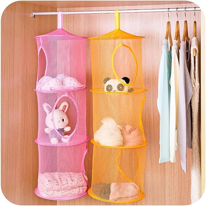 Mesh Hanging Storage Basket With 3 Compartments Foldable Hanging Storage Organizer Net Bag for Toys Storage, Space Saver Sundries Clothes Bra Underwear Socks Drying Basket Laundry Hamper (Pink)