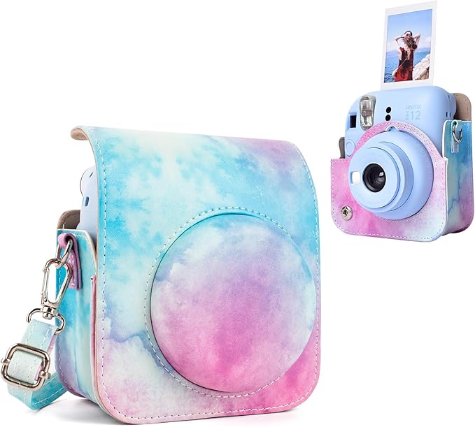 MUZIRI KINOKOO Case for Fujifilm Fuji Instax Mini 12Fuji Mini 12 Instant Camera - PU Leather Protective Case Cover Bag with Adjustable Shoulder Strap - Blue Pink Watercolor