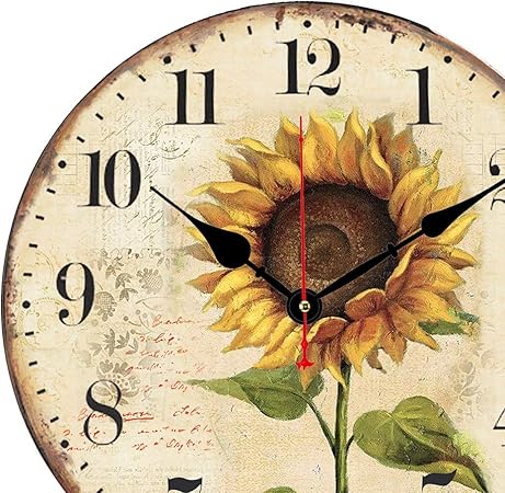 10 Inch Decorative Wall Clock Arabic Numeral Wall Clocks Battery Operated Silent Wall Clocks Wooden Round Sunflower Hanging Clock for Kitchen,Dining Room,Office and Living Room