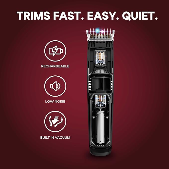 Vacutrim Cordless Body Shaver for Men, Rechargeable Grooming Tool with 20 Trim Settings, Integrated Vacuum System - Black, 7.5", As Seen On TV