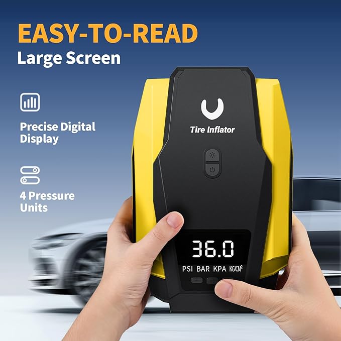 Tire Inflator Portable Air Compressor - Air Pump for Car Tires - 12V DC Tire Pump with Auto Shutoff Function LED Light for Cars, Bicycles, Motorcycles, Yellow, Large