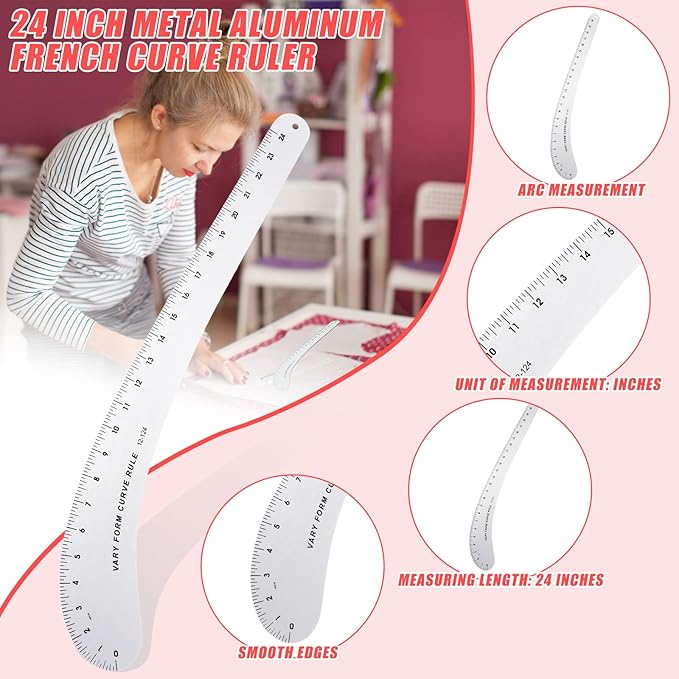 Xuhal French Curve Square Ruler Solid Aluminum Vary Form French Curve Hip Measuring Ruler for Making Crafts Sewing Design Supplies(Curve)