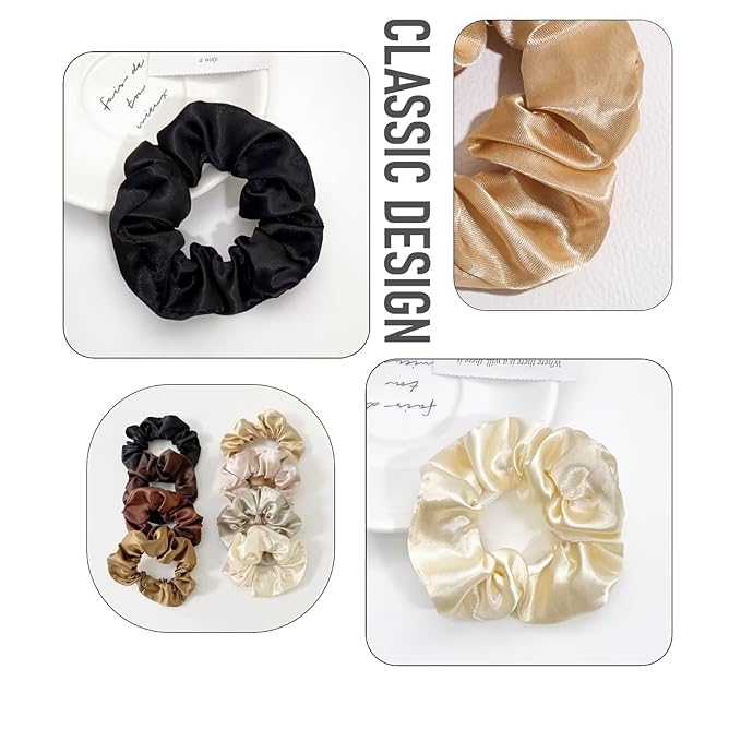 Silk Satin Scrunchy, 8pcs Scrunchies Hair Ties, Hair Elastics Bands, Ponytail Holder, Colors Elastic Hair Bands for Girls and Women Neutral Colors