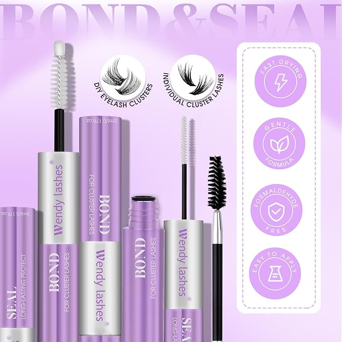 Lash Glue Bond and Seal for DIY: 1-Pcs, Wendy, 2 in 1, Strong & Flexible Hold, 5ml Clear-Bond, 5ml Clear-Seal