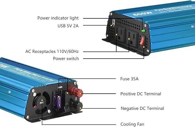 DC 12V to AC120V Pure Sine Wave Power Inverter 600W with Dual sockets Output and DC 5V 2Amp USB Output. Ideal for Most Small Power appliances. (600W) Blue