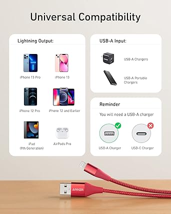 Anker Powerline+ II, USB A to Lightning Cable,MFi Certified for Flawless Compatibility with iPhone 11 Series SE/Xs/XR, and More(10FT,Red)