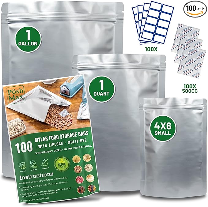 PoshMax Resealable Mylar Bags - Extra Thick Mylar Bags for Food Storage in 3 Sizes, Gallon, Quart and Small Food Safe Mylar Ziplock Bag with Oxygen Absorbers for Food Storage 500cc 100 Pack