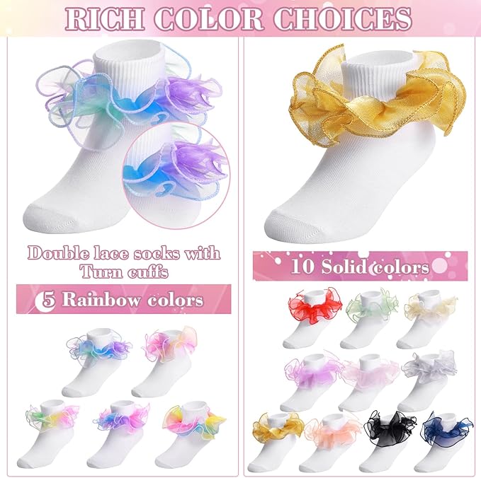 Lasnten 15 Pairs Ruffle Socks for Toddler Girls Double Lace Socks Bulk Turn Cuff Big Ruffle for Infant Toddler and Kids