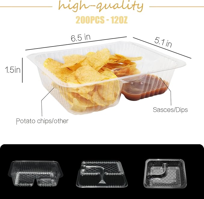 200 PC Nacho Trays Disposable, 12oz Plastic Nacho Containers with Chip and Dip Holder, 6x5 In 2 Compartments Clear Snack Trays for Kids,Parties, Movie Night Supplies (Plastic-12oz-200pc)