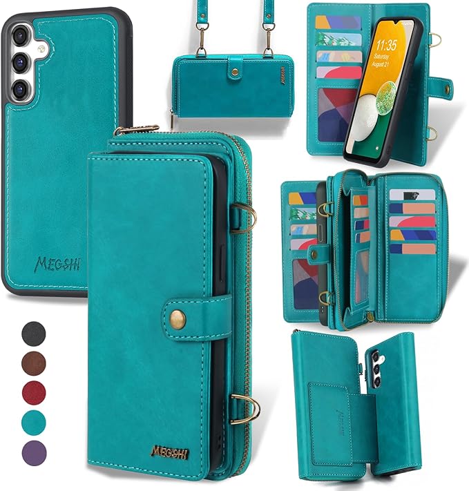 for Samsung Galaxy A13 5G Wallet Case,Multi-Function Wallet Case, Detachable 3 in 1 Magnetic Galaxy A13 Case Wallet,Flip Strap Zipper Card Holder Phone Case with Shoulder Straps(Blue)