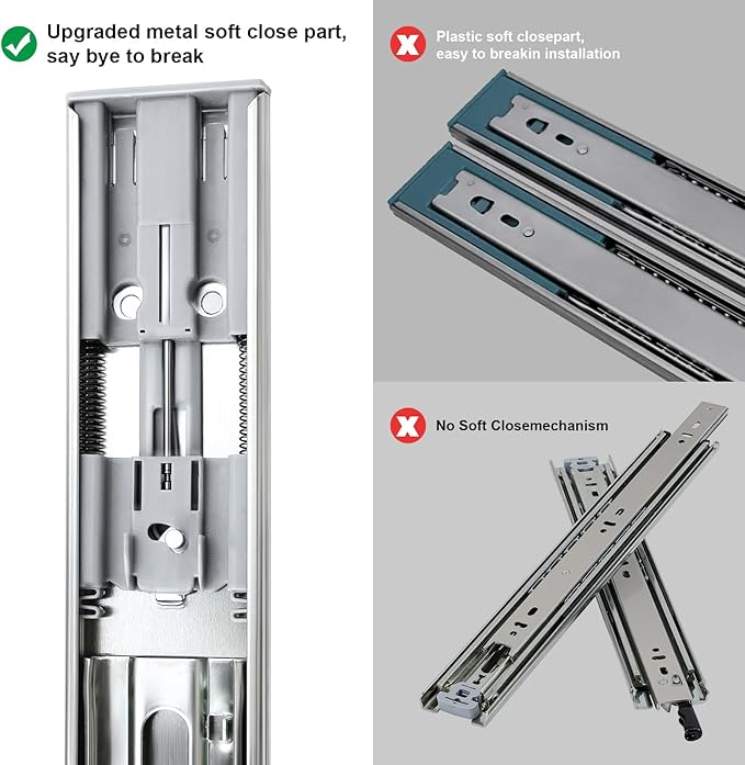 10 inch Drawer Slides 1 Pairs (2pcs) Soft Self Close Full Extension Ball Bearing Drawer Rails Side Mount Metal Dresser Runners for File Cabinet Trash Can Kitchen Wardrobe Glides 10" 100 LB Capacity