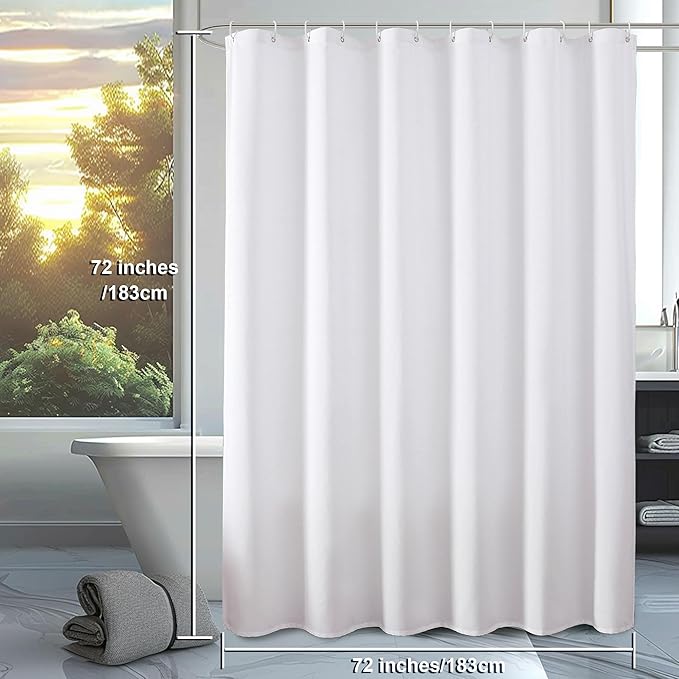 OVZME Zora White Shower Curtain, Fabric Shower Curtain for Bathroom - Soft Cloth Hotel Spa Quality, Water Repellent Bath Decor, Washable Shower Curtain Set with 12 Hooks, Grommets Top, 72Wx72L