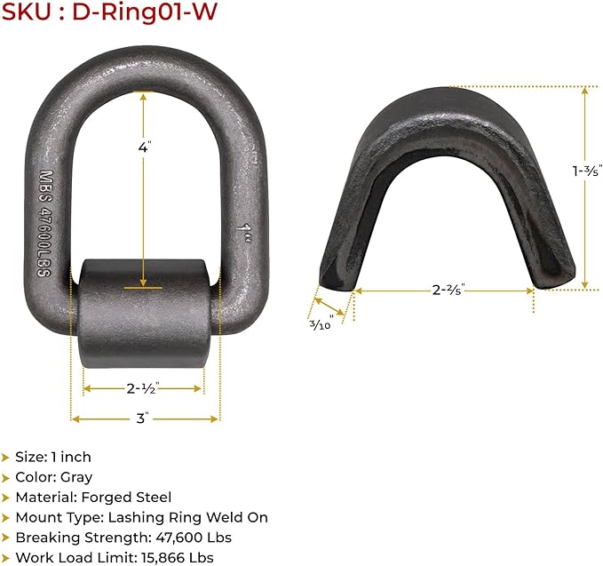 Mytee Products (2 Pack) 1" Heavy Duty Weld-On Forged D Ring 47,000 Lbs