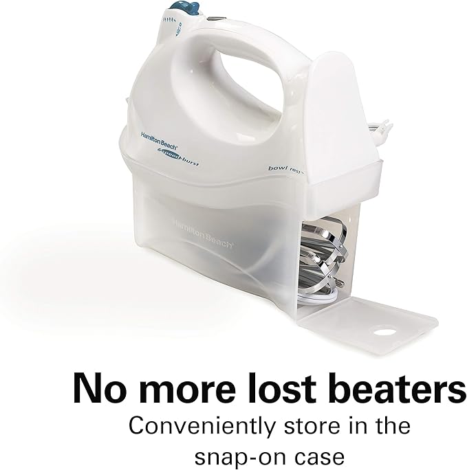 Hamilton Beach Power Deluxe 6-Speed Electric Hand Mixer with Snap-On Storage Case, QuickBurst, Beaters, Whisk, Powerful 250 Watt Motor, Bowl Rest, White (62695V)