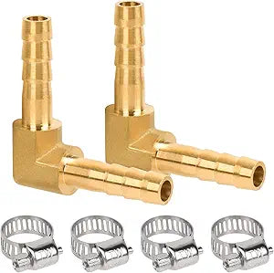 14" Hose Barb Elbow 90 Degree, Brass Barb Fitting for Fuel, Air, Oil, 4 Clamps Included (2-Pack)