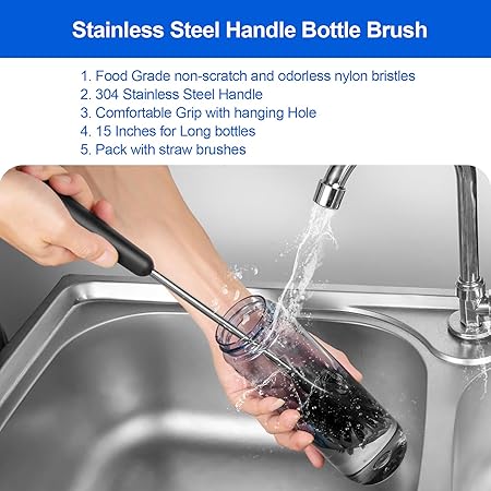 Bottle Brush, Long Stainless Steel Handle Water Bottle Brush Cleaner, Sports Bottle Scrubber, Kitchen Scrub Cleaning Brushes for Beer Bottles, Cups, Wine Glasses, Coffee Mugs, Tumblers, Thermos